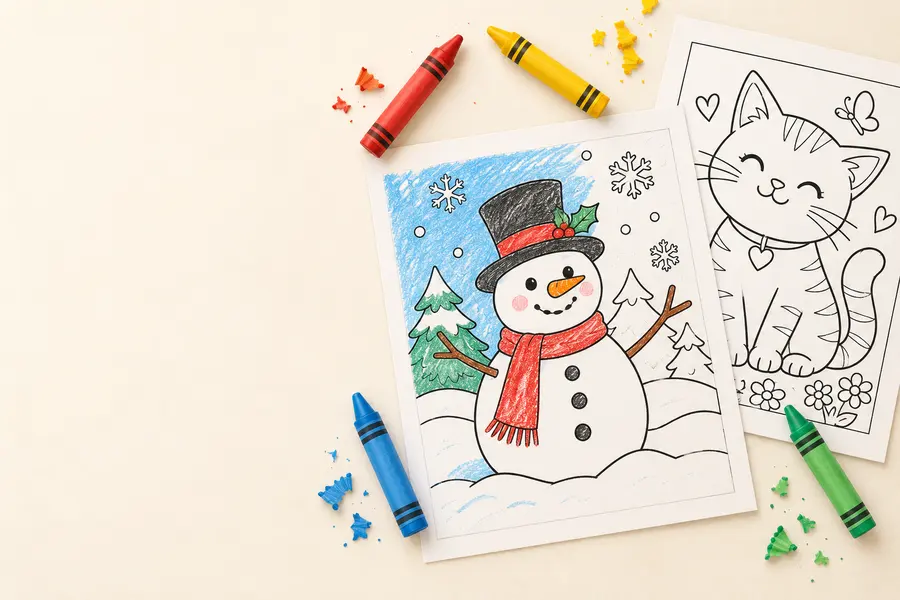 Printed coloring pages of a snowman and a cat with crayons on a table